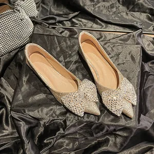 Women Pointed Toe Flats with Sparkling Sequin Rhinestone Bow Elegant Wedding Shoes Glitter Banquet Dress Shoes Gold Silver