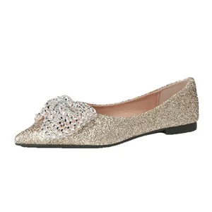 Elegant gold glitter ballet flats with rhinestone bow-knot for wedding parties