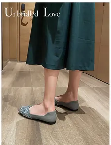 Elegant grey square toe flat shoes with glittering rhinestone detail for women lifestyle view