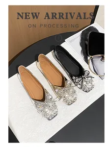 Luxury fairy style rhinestone flat shoes in silver, gold, and black with pearl bows