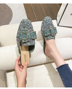 Elegant sparkling rhinestone and pearl decorated flat mule shoes for women in soft green