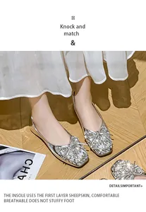 Elegant silver flat shoes featuring rhinestone bow detail and sheepskin insole