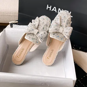 Damen Spitze Mules Flache Hausschuhe Mit Strass Schleife Pailletten Elegante Kleidung Slides Damen Alltag Party Schuhe
