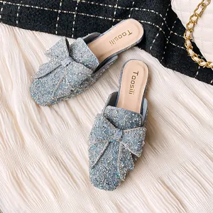 Elegante blaue Glitzer-Flachmules mit Schleifendetail für Damen Sommer-Freizeitkleidung