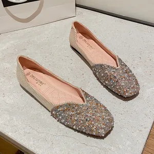 Women's Square Toe Flat Loafers Rhinestone Artificial Pearl Decoration Shallow Mouth Versatile Mules Slip On Walking Shoes