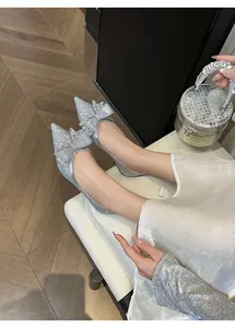 Scarpe basse argento a punta con eleganti fiocchi di strass indossate ai piedi.