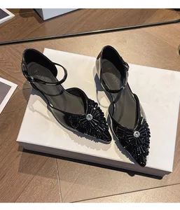 Elegant black pointed-toe low heel sandals for women with rhinestones and strap