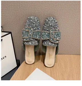 Elegant women's green glitter flat mules with sparkling rhinestones and pearl embellishments