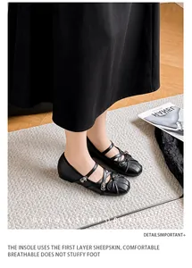 Elegante schwarze französische Ballett-Mary-Jane-Flachschuhe mit Schleife