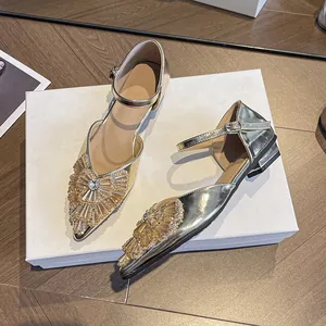 French Style Rhinestone Pointed Toe Low Heel Pumps For Women Ankle Strap Hollow Out Banquet Party Sparkly Dress Shoes
