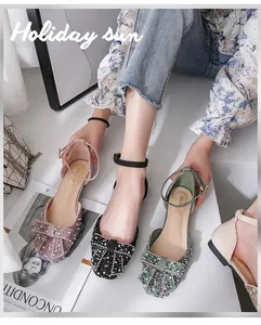 Elegant rhinestone square toe flat shoes with decorative bow detail and ankle strap