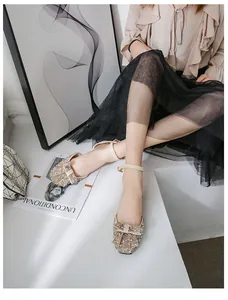 Elegant women's rhinestone square toe flats with sparkly bow and ankle strap detail