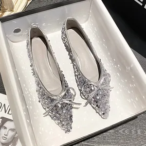 Damen Flache Schuhe Spitzschuh Glitzer Pailletten Ballerinas Mit Schleife Flacher Ausschnitt Schlüpfschuhe Für Alltag Party Mode Schuhe