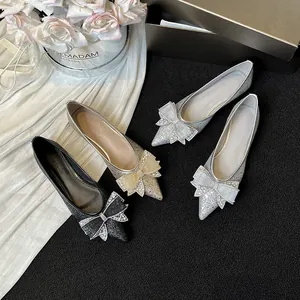 Scarpe Basse a Punta da Donna in Tessuto Glitterato con Fiocco di Strass Slip-on Suola Morbida Scarpe Eleganti per Matrimoni e Feste