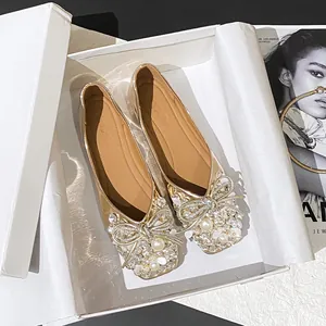 Luxury Microfiber Fairy Style Flat Shoes With Rhinestone Artificial Pearl Bow Hidden Wedge Wedding Bridal Party Ballet Flats