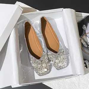 Elegant silver rhinestone flat shoes with pearl bow in a white gift box