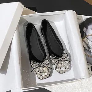 Fairy style black flat shoes with luxury rhinestone and pearl bow decoration