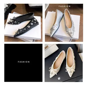Eleganti scarpe basse a punta con fiocco di strass in stile francese di tendenza