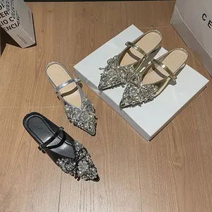Damen Spitze Flache Pantoletten Strass Künstliche Perle Schleife Feen Stil Spitze Elegante Schuhe Slipper Flache Sandalen