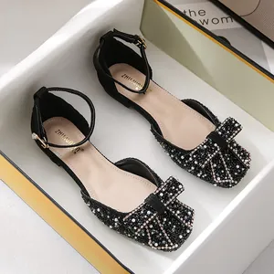 Women Rhinestone Square Toe Ballet Flats Bowknot Ankle Strap Canvas Shoes Comfortable Shallow Mouth Flats Plus Size
