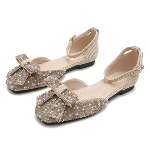 Elegant beige square toe flat shoes for women featuring pearl rhinestone bow and ankle strap