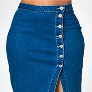 Close-up detail of a washed blue denim skirt featuring a stylish button-down front