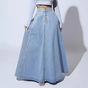 Detailed view of the vintage long denim skirt with a high-waisted flared design.
