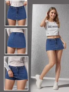 Detail view showing the front and back of a vintage distressed denim skort with lining