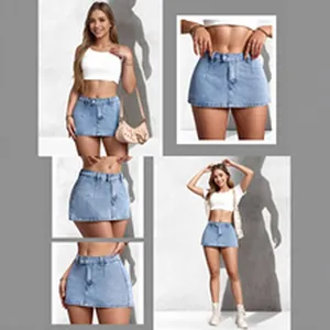 Detailed views of a distressed light blue denim mini skort with a built-in lining.
