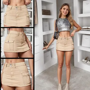 Detailed views of women's vintage distressed beige denim mini skirt with cargo pockets