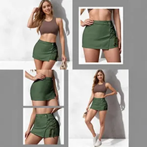 Close-up detail views of army green lace-up denim mini skirt with inner lining