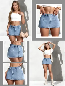 Close-up detail shots of a vintage light blue distressed denim mini skirt for women