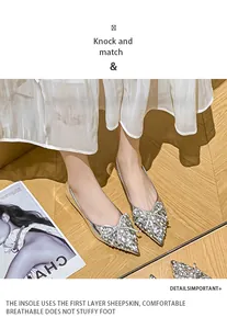 Dettaglio delle ballerine argento a punta con squisito fiocco di strass decorativo