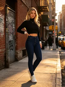 Fashionable high waist skinny stretch denim jeans for women on a sunlit city street