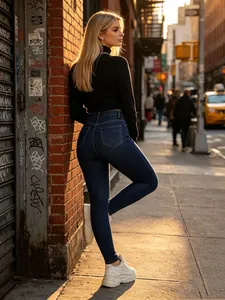 Detail shot of slim-fit dark blue skinny jeans on a model in urban street setting