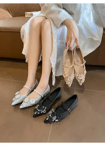 Elegant pointed toe Mary Jane flats with floral and rhinestone decorations in various colors