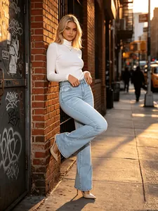 Dettaglio street style dei jeans a zampa azzurri con vita alta e vestibilità snella.