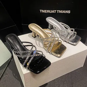 French Style Square Toe Rhinestone Heeled Mules Microfiber Leather Crisscross Straps Fairy Elegant Party High Heel Sandals