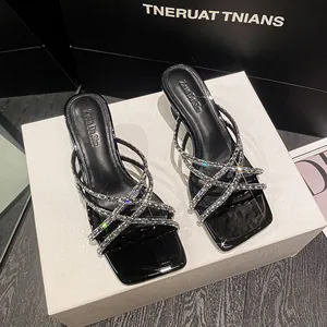 Elegant French style black high heel sandals with sparkling rhinestones and square toe