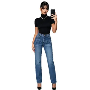 Classic American style washed blue straight-leg denim jeans for a slim fit and stylish look.