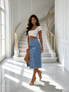 Model wearing a stylish single-breasted denim midi skirt with a high front slit