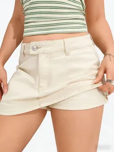 Detail of women's vintage beige denim skort showing functional inner lining