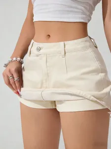 Detailed close-up of vintage off-white denim skort for women featuring inner safety lining