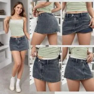 Detailed views of a vintage washed denim mini skirt featuring an inner safety lining.