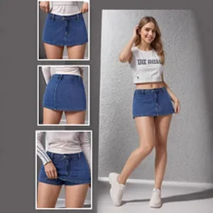 Detail view of women's vintage blue denim mini skirt with built-in safety inner shorts.