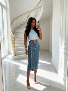 Full body view of the high-waisted denim midi skirt styled with a blue crop top