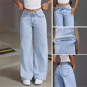 Vista dettagliata di jeans in denim elastico a gamba larga azzurro per donne alla moda