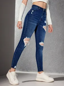 Détail du jean skinny déchiré extensible bleu foncé à taille haute pour femmes mode