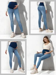 Maternity Skinny Denim Jeans High Elastic Belly Support Slim Fit Washed Distressed Light Blue Pregnant Women Casual Pants
