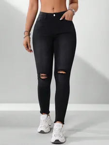 Dames High Waist Slim Fit Gescheurde Zwarte Jeans Met Rauwe Zoom Elastische Denim Skinny Potloodbroek Voor Dagelijks Gebruik